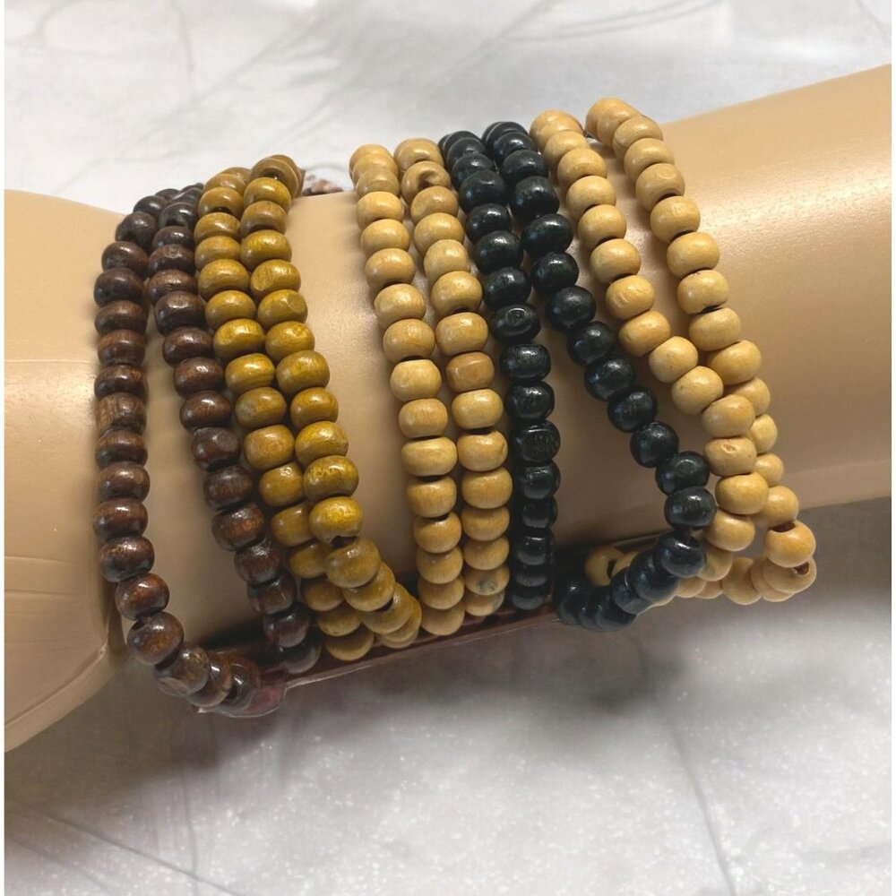 Wooden Beaded Bracelet Multi Strand Stretch Ethnic Tribal Boho